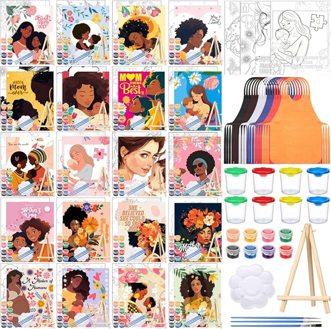 140 Pcs 20 Set Pre Drawn Canvas Kit for Painting Craft Sip and Paint Kit for Adults Pre Printed Canvas Painting Favor for Virtual DIY Birthday Gifts Adult's Date Party (Mother's Day)